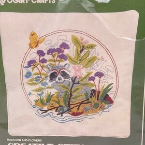 Vogart Crafts Crewel Pillow Kit Unisex 12x12 Cream Raccoon Flowers Vintage 2512